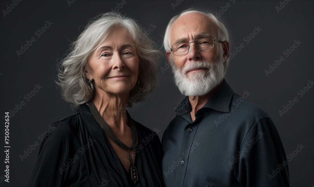 Studio portrait of a happy and serene 75-year-old couple, dressed in modern and stylish clothing with neutral colors. Studio portrait of a happy and serene 75-year-old couple, dressed in modern and stylish clothing with neutral colors.