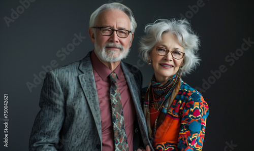 Studio portrait of a happy and serene 75-year-old couple, dressed in modern and stylish clothing with bold colors.