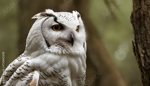 A white owl in the thicket of the forest looks with interest