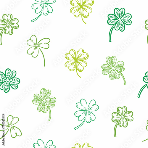 Vector seamless pattern of clover leaves hand-drawn in doodle style. St. Patrick's Day. An Irish illustration.