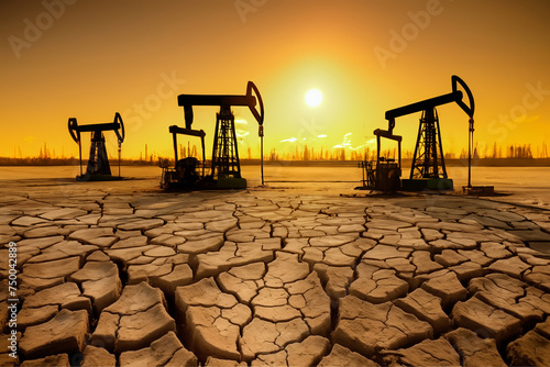 Drought land. Crude oil Pumpjack on Dry cracked earth. Dries, Water crisis and World Climate change. Dried earth in Water crisis in nature. Cracked dried earth soil. Oil drill rig and drilling derrick photo