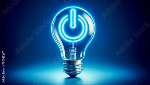 Illuminated Power Icon in Bulb for global Earth Hour on blue background. Energy conservation, environmental awareness, climate change