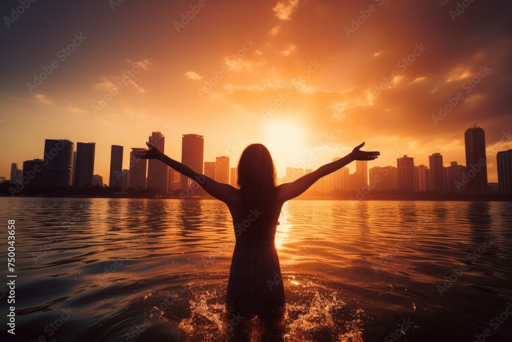 a woman with arms raised to sun