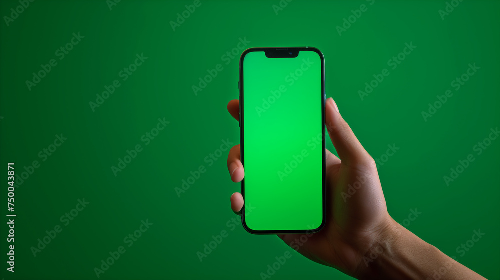A hand holds an iPhone 15 Pro mockup featuring a green screen on soft green blurred background A hand holds an iPhone 15 Pro mockup featuring a green screen on soft green blurred background