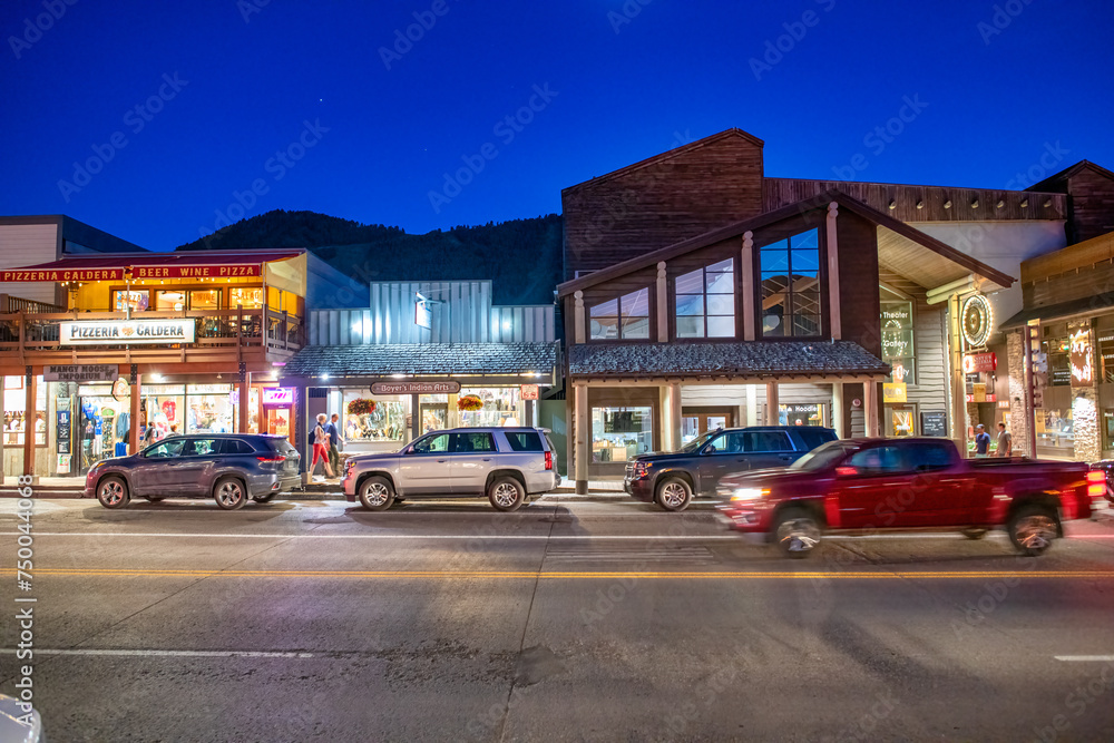 Jackson Hole, WY - July 11, 2019: City streets and cars at night