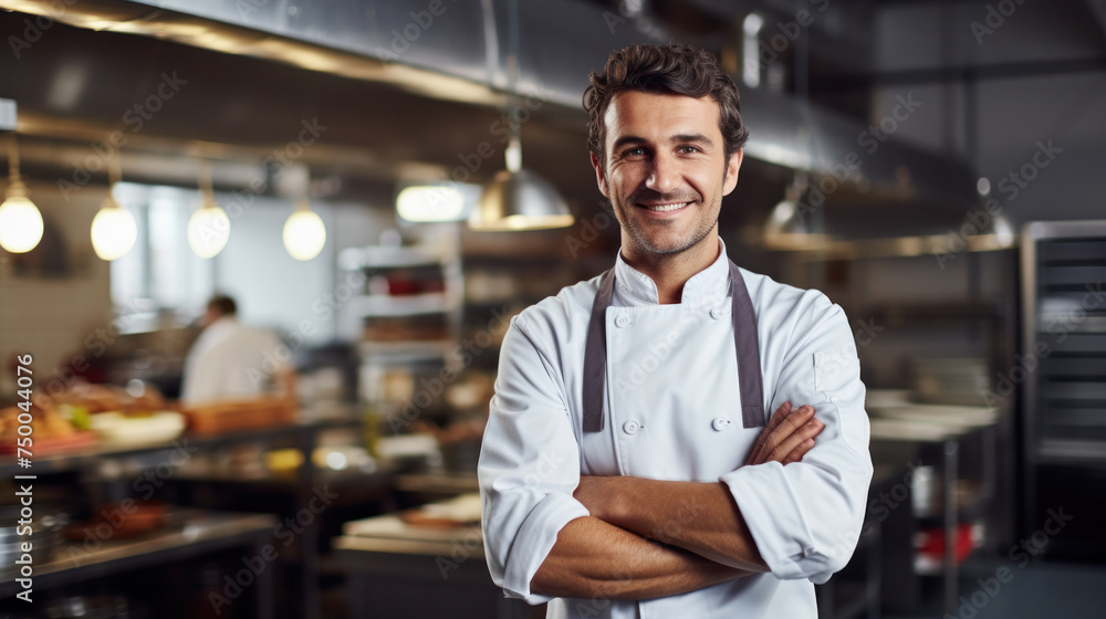 Famous Chef of a Big Restaurant Crosses Arms and Smiles in a Modern Kitchen. Famous Chef of a Big Restaurant Crosses Arms and Smiles in a Modern Kitchen.