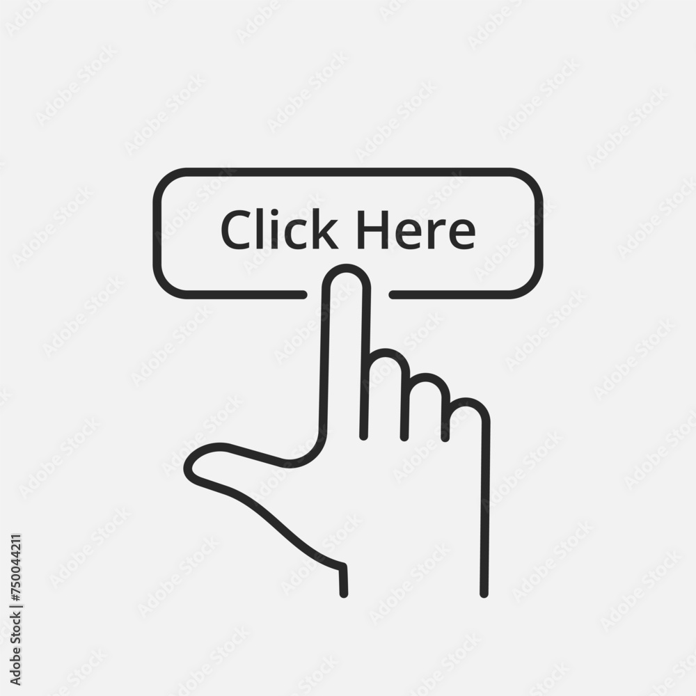 Click here button with hand pointer clicking line icon. Push button sign. Touch Gesture. Vector illustration Click here button with hand pointer clicking line icon. Push button sign. Touch Gesture. Vector illustration