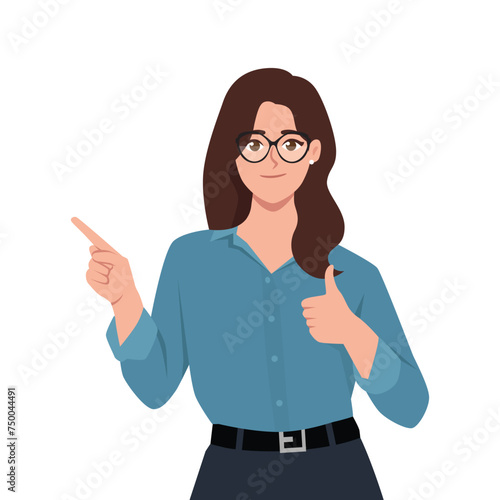 Young woman pointing finger left and showing thumbs up. Flat vector illustration isolated on white background