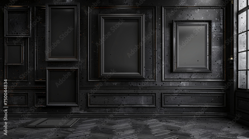Décortion intérieure d'une pièce avec des cadres sur les murs noirs, mockup Décortion intérieure d'une pièce avec des cadres sur les murs noirs, mockup