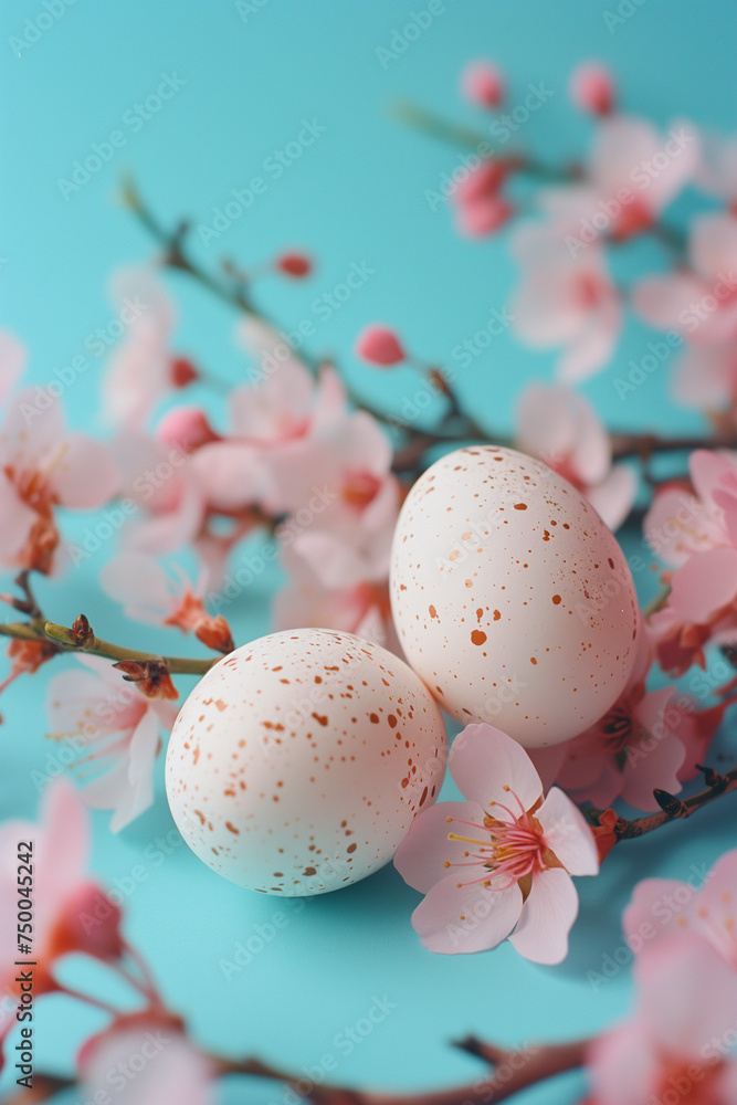 Minimalistic composition with two eggs and delicate pink flowers on pastel blue background. Vertical.
