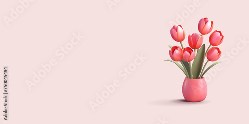 Tulips bouquet in a pot. Realistic 3d render composition in pink colors