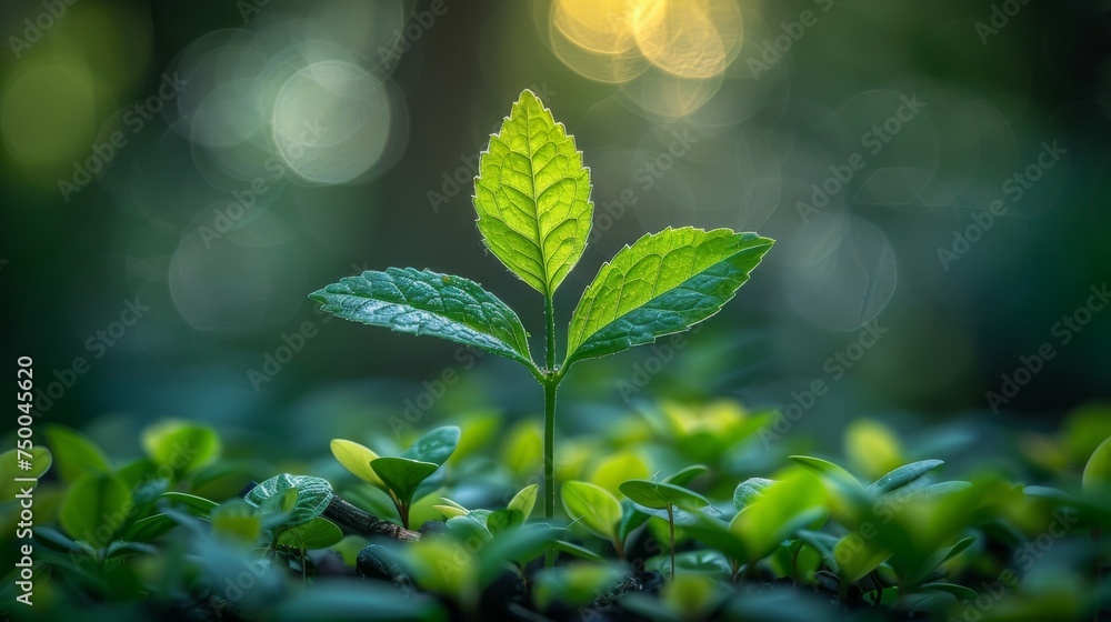 Single green leaf with dew drops in vibrant bokeh background. Tranquil macro shot of fresh spring foliage in sunlight. Single green leaf with dew drops in vibrant bokeh background. Tranquil macro shot of fresh spring foliage in sunlight.