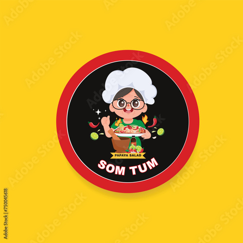 Traditional thai food local gourmet Som Tum or spicy green papaya salad. Thailand street food som tum. Logo sticker design.