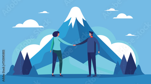 Two People Shaking Hands in Front of a Mountain