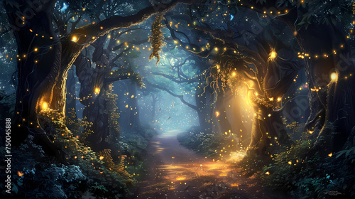 Generative AI, Enchanted Night: Fireflies and the Portal in the Mystical Forest © caits
