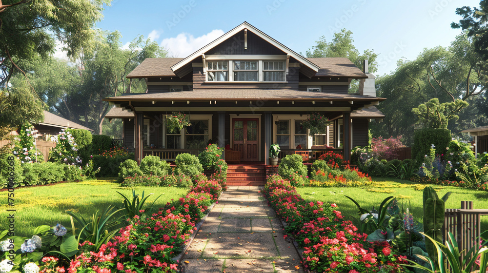 A craftsman bungalow with a well-kept garden, the exterior showcasing a perfect blend of simplicity and elegance in suburban living.