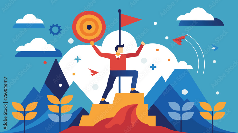 Businessman Triumphs Atop a Mountain With Target in the Background Businessman Triumphs Atop a Mountain With Target in the Background