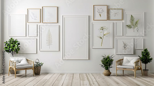 intérieur d'une pièce moderne avec plusieurs cadres sur un mur blanc, mockup photo