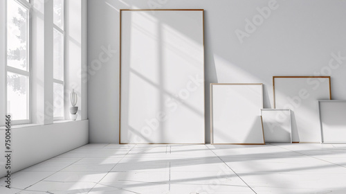 intérieur d'une pièce moderne avec plusieurs cadres sur un mur blanc, mockup