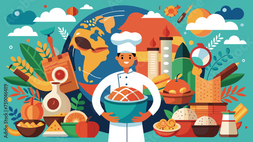 World Cuisine Concept With Smiling Chef and Global Foods