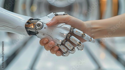 robot and human shaking hands for work together, blur modern technology at background. future technology with Ai and computer concept
