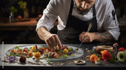 Chef in hotel or restaurant kitchen preparing meal vegetable salad with goat cheese and decorates the food with his hands.