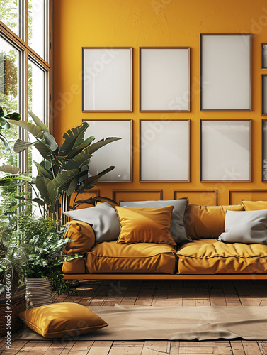 intérieur d'une pièce moderne avec plusieurs cadres sur un mur jaune, mockup