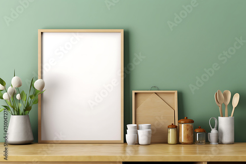 Wallpaper Mural Mock up poster frame in kitchen interior on empty green color wall background.3d rendering Torontodigital.ca