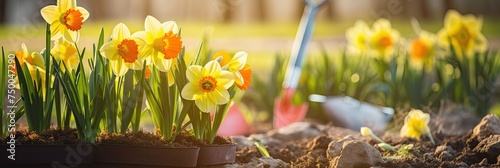 Cultivate Your Garden with Blooming Daffodils Background of Flowers in a Garden for Easter Activities  Copy Space for Text and Equipment in Dirt