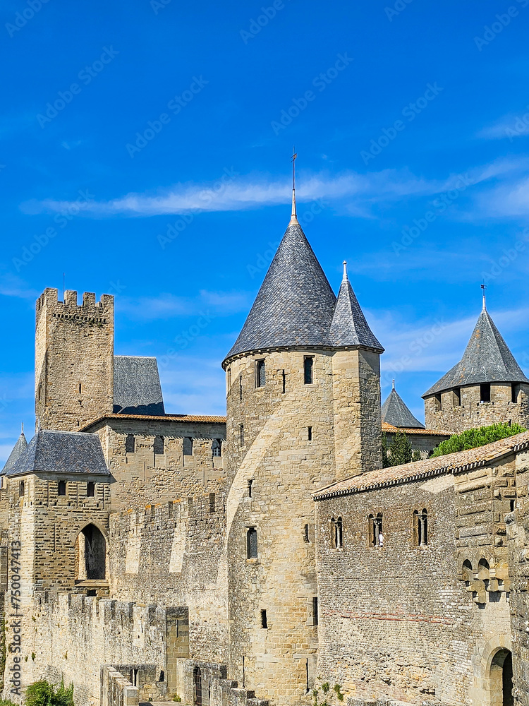 Towers of the medieval citadel of Carcassonne city in southern France UNESCO World Heritage Site