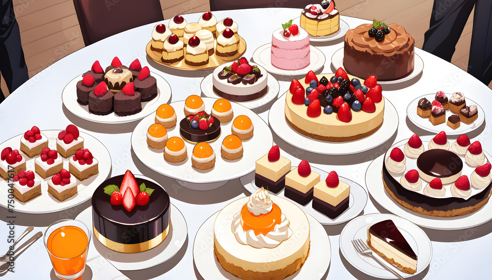 A colorful table brimming with cupcakes and cakes of many colors A colorful table brimming with cupcakes and cakes of many colors