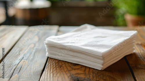 A stack of clean white paper napkins on the table. Design mockup of paper napkins with empty space for logo