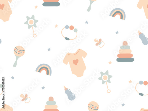 Cute seamless Pattern with Newborn Accessories. Baby boy girl Decorative elements. Baby Shower Background in pastel colors. Hand drawn Children Cartoon accessory