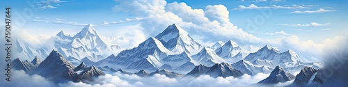 Panoramic View of Mount Everest - Majestic Landscape with Blue Sky and Icy Peaks