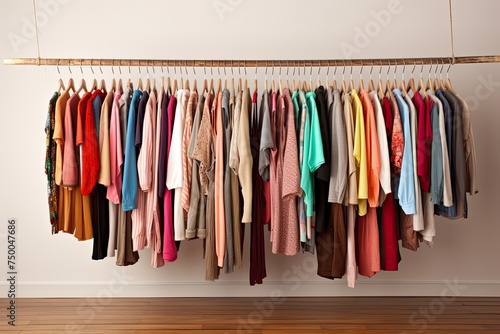 Range of Clothes Hanging on Rack in Home. Various Clothing and Dress Options on Hangers for House Collection