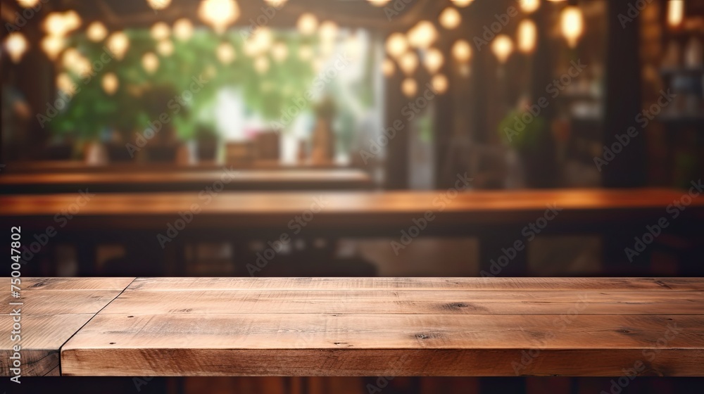 Rustic Wood Table. Empty Counter in Restaurant with Pale Bokeh Background. Perfect for Product Display and Business PreSentation Rustic Wood Table. Empty Counter in Restaurant with Pale Bokeh Background. Perfect for Product Display and Business PreSentation