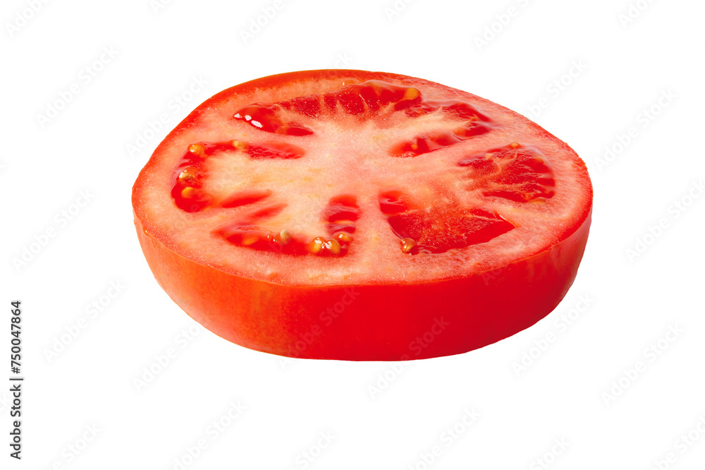Tomato slice for burger topping side view isolated transparent png. Sandwich filler ingredient. Juicy vegetable for hamburger.
Meaty fruit with small seed cavities.
