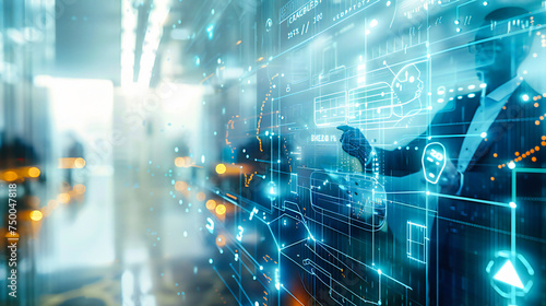 Technology and network concept in a futuristic setting, illustrating the integration of data, cyber systems, and innovation