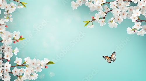 Spring Nature Background with Beautiful Blossoms, Butterflies, and Trees. Top View, Turquoise Blue Background, Frame. Perfect for Springtime Concepts