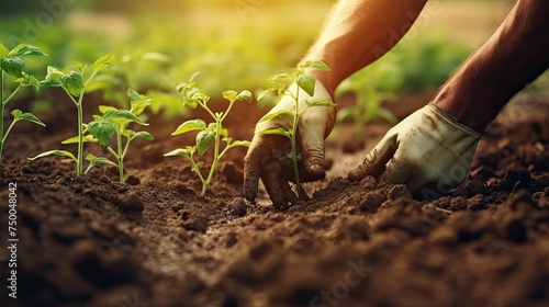Spring Gardening: Careful Hands Planting Tomato Seedling in Organic Vegetable Garden with Watering Can on Green Countryside Background