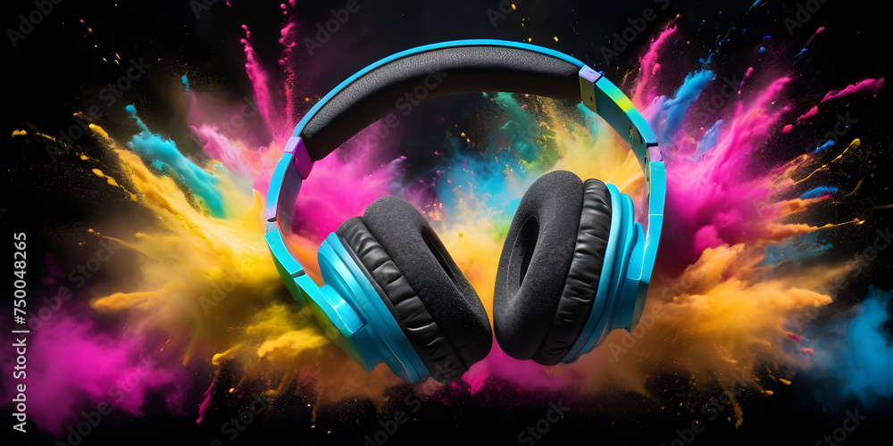 Stereo headphones exploding in festive colorful splash, dust and smoke with vibrant light effects on loud music sound, pulse, bass and beats, ready for party  - obrazy, fototapety, plakaty 