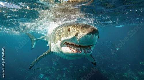Ferocious great white shark in dark waters. Ocean apex predator. Marine life, shark.