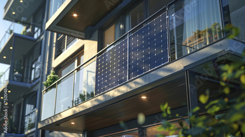 Balcony solar power station eco-friendly to use renewable energy. Solar Panel Balcony Apartment of Multifamily Building in Eco City. Solar Panels on Modern Balcony. Sustainable resources concept