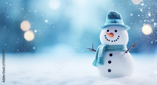 Winter Wonderland Christmas Background: Snowman, Bokeh and Festive Greeting Card with Copy-Space, Beautiful Blue Calm Celebration © Serhii