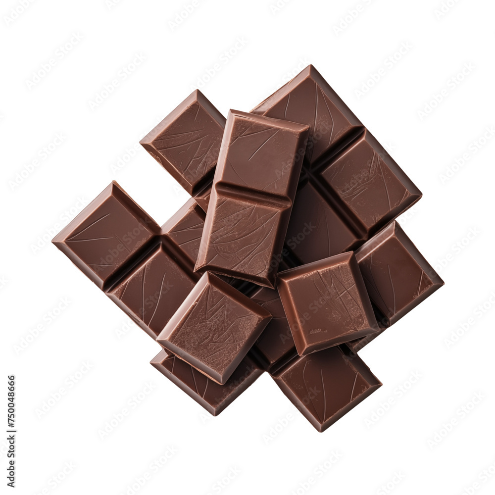 Pieces of dark chocolate isolated on transparent or white background, png