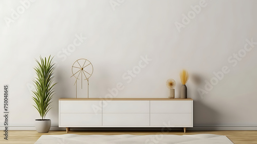 Mockup white wall background,Modern living room decor with a tv cabinet 