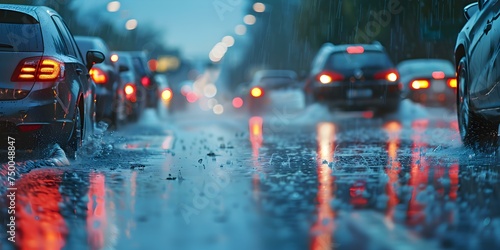 Gridlocked cars on a rainy highway causing congestion and delays for drivers. Concept Traffic congestion, Rainy weather, Highway delays, Frustrated drivers, Gridlocked cars © Ян Заболотний