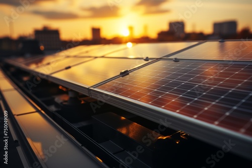 Arrangement of solar energy production plant. solar panel with sunlight  concept clean energy power in nature. alternative energy. solar panels on the roofs of houses. photo