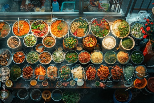 Bustling street market in Bangkok,  street food presented in a market, showcasing an enticing selection of spicy, savory, and sweet treats. Vibrant Korean culinary display at a street stall