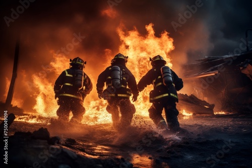 Brave firefighters extinguish the fire. flame. smoke. danger. Strong and brave Firefighter Going Up The Stairs in Burning Building. Stairs Burn With Open Flames. © PanArt